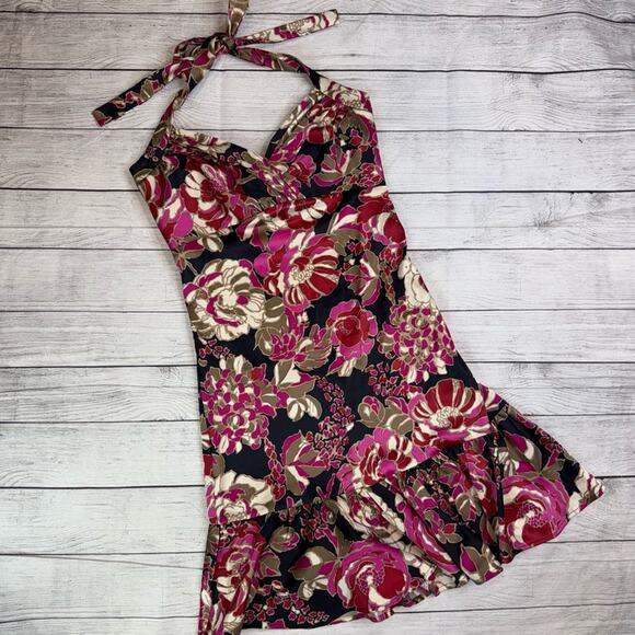 GUESS Halter Style Floral Fit and Flare Dress with Ruffle Trim Pink Black Size 3 - Picture 2 of 7
